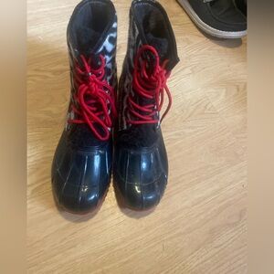 Stylish Black and Red Boots with Animal Print